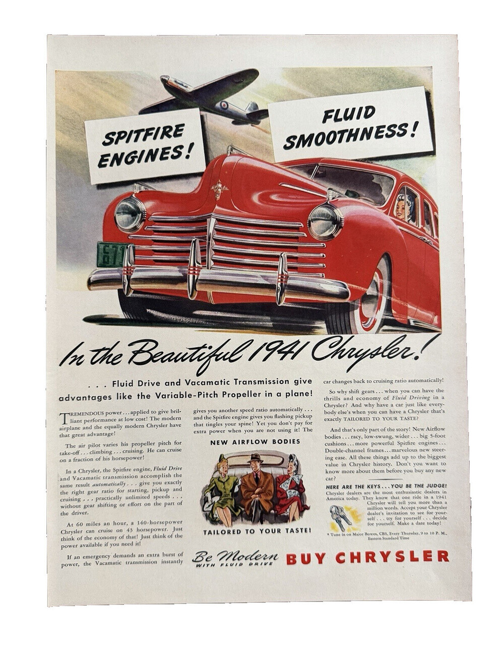 1940 Chrysler Print Ad Classic Car Spitfire Engine American Automobile Beautiful